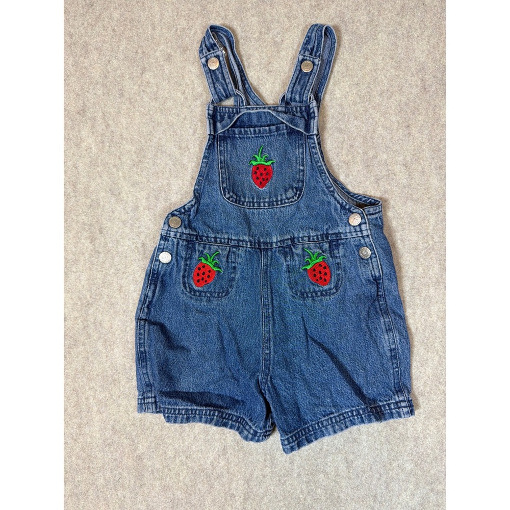 K329. Kids Vintage Denim Strawberry Embroidered Shortalls Medium Wash 3T